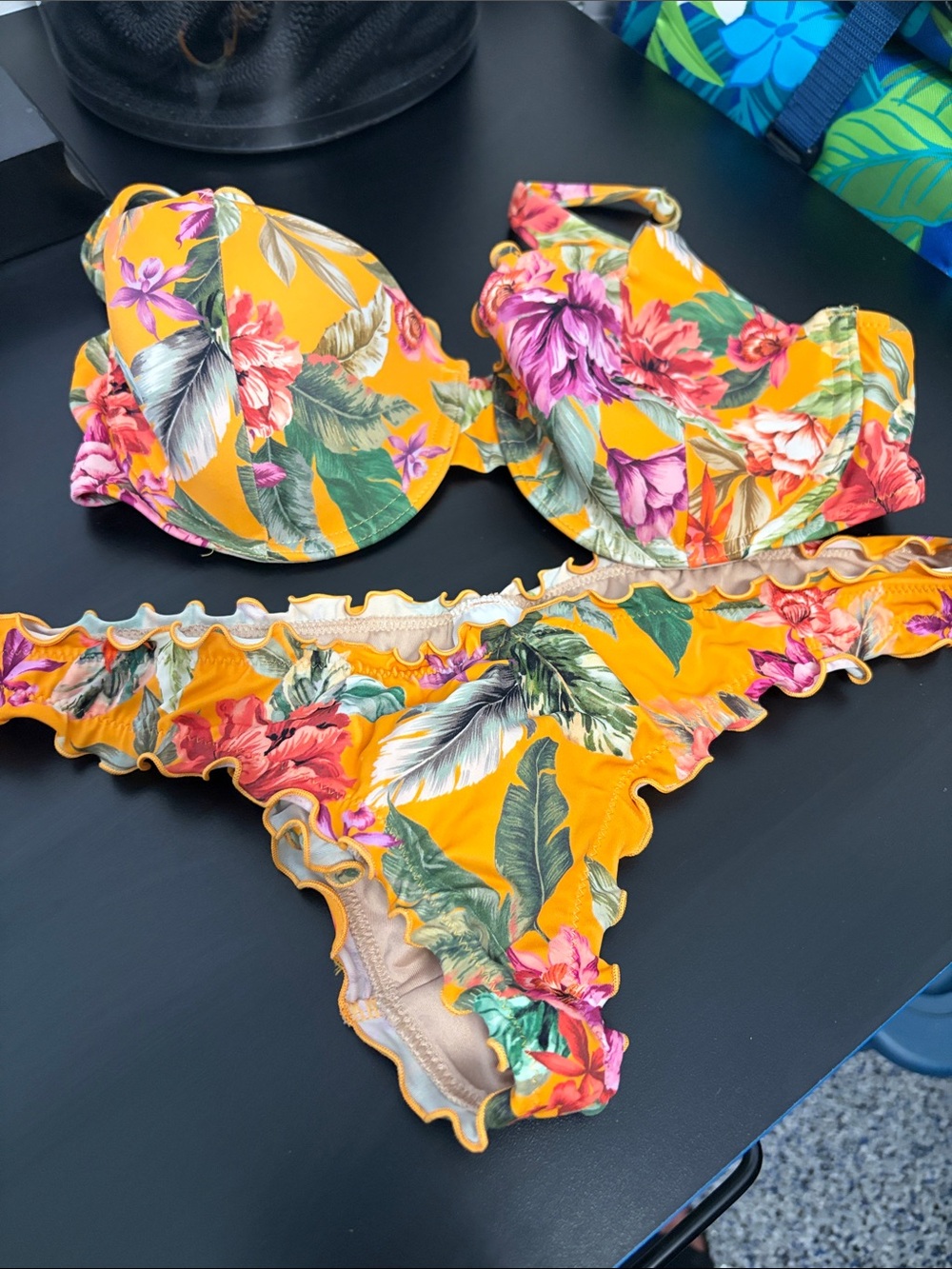 Shade & Shore Yellow Floral Ruffle Bikini Set